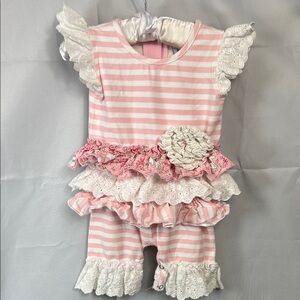 Serendipity pink and white stripe eyelet ruffled one piece jumpsuit size 3 m EUC
